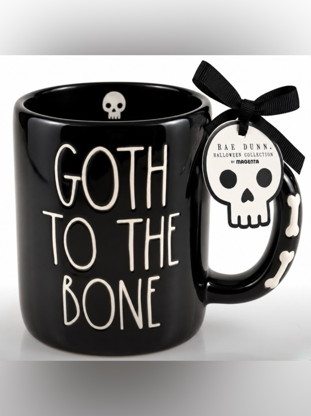 Rae Dunn Goth to the Bone Halloween Skull Mug NWT Black